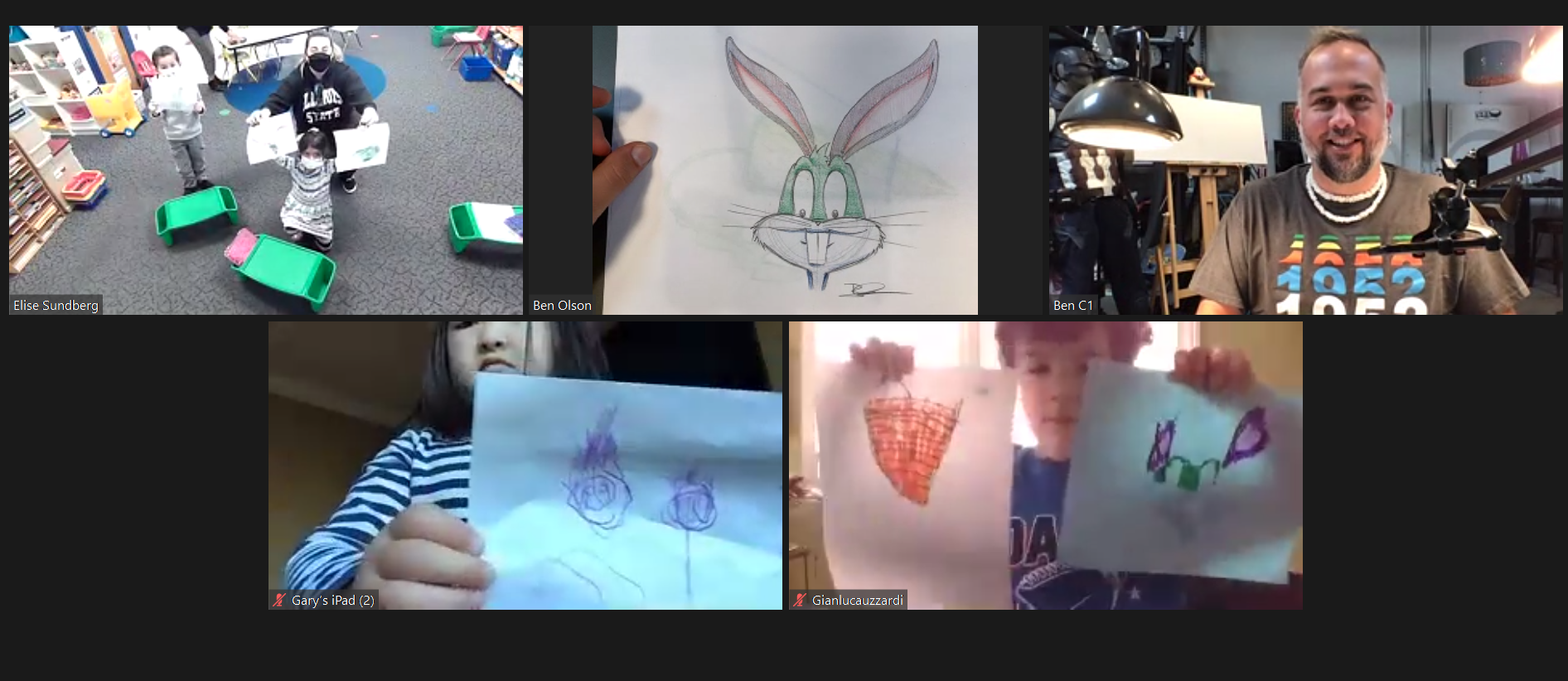 Artist showing young children how to draw Bugs Bunny on Zoom