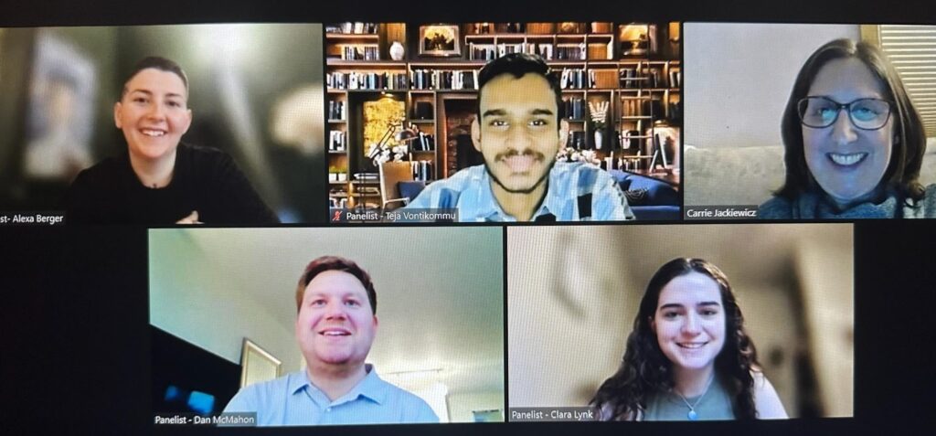 Five people participate in a Zoom meeting