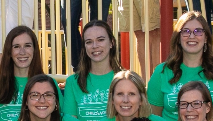 Photos of six woman in green t-shirts smiling on a playground